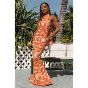 Lulus Frona Orange Floral Mesh Backless Maxi Dress - Size XS